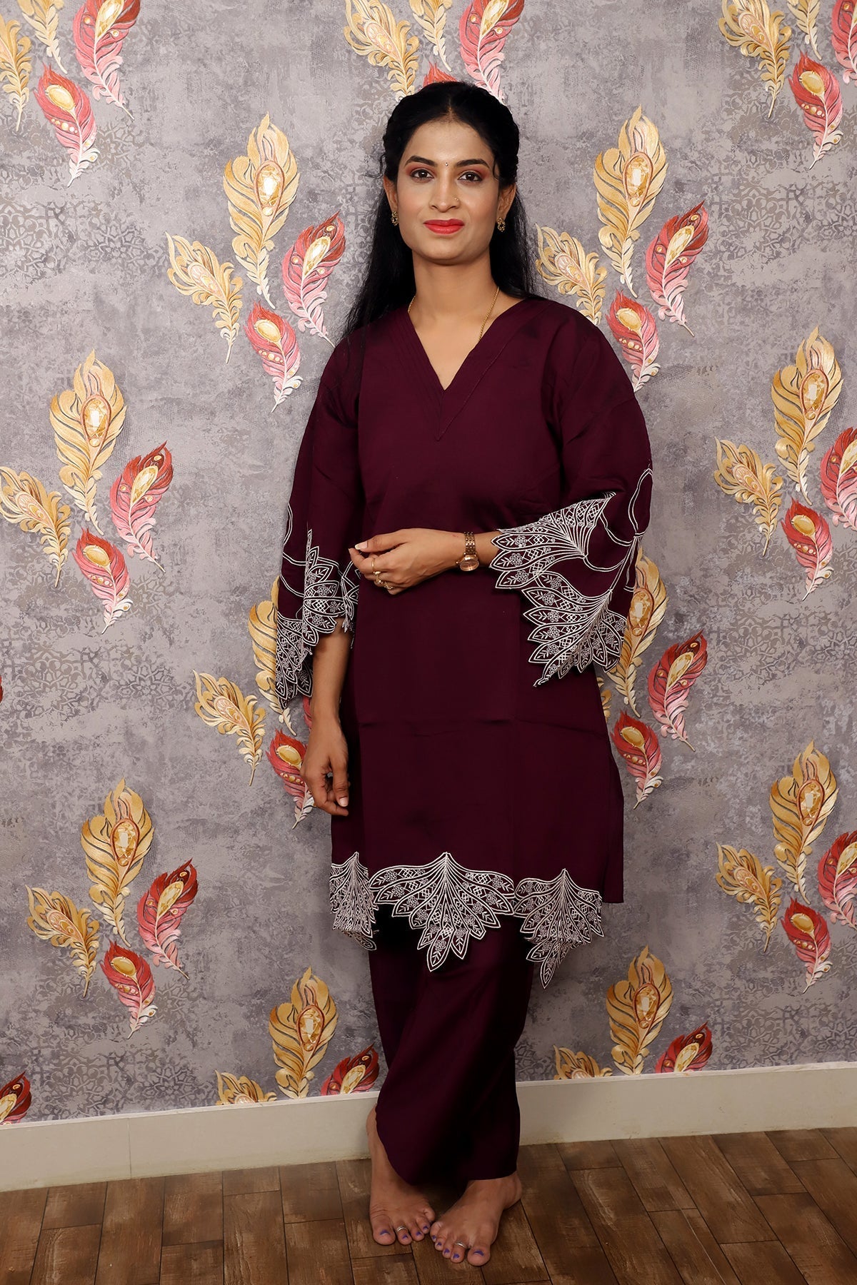 Dark Reddish Purple Kurti With Floral Design For Women & Girls