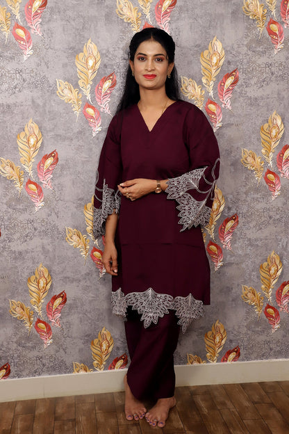 Dark Reddish Purple Kurti With Floral Design For Women & Girls