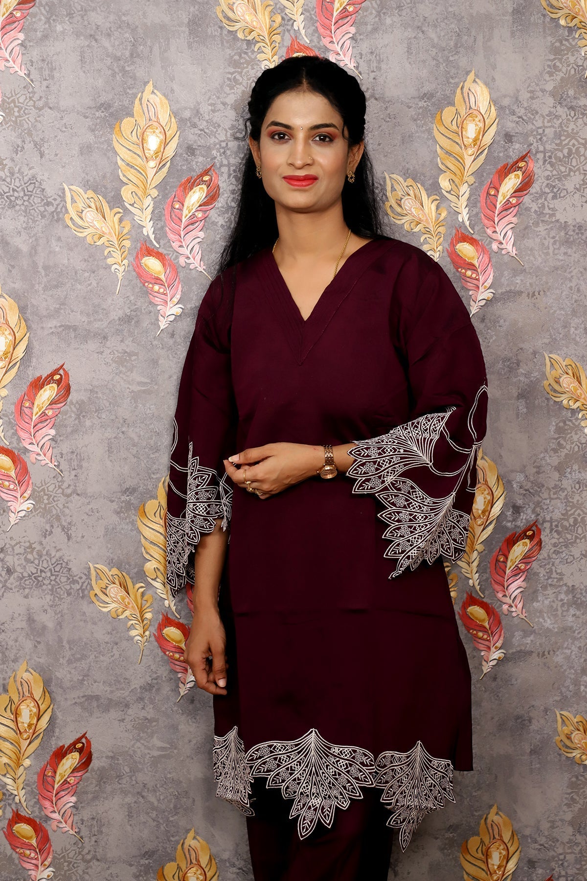 Dark Reddish Purple Kurti With Floral Design For Women & Girls