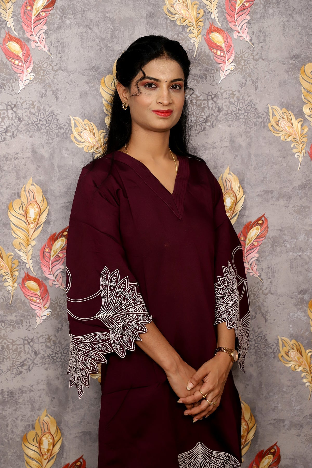 Dark Reddish Purple Kurti With Floral Design For Women & Girls