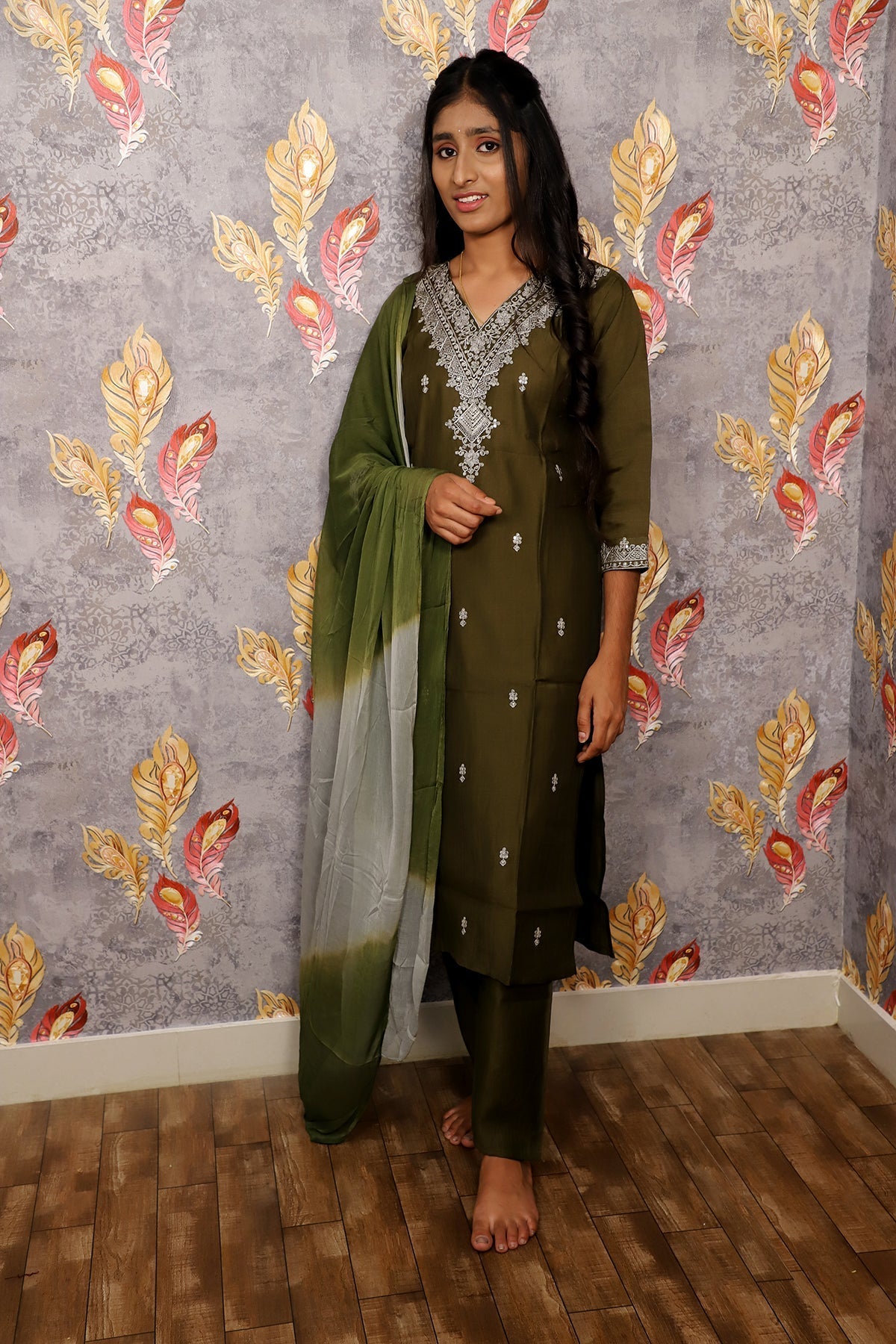 Green Kurti With Floral Design For Women & Girls