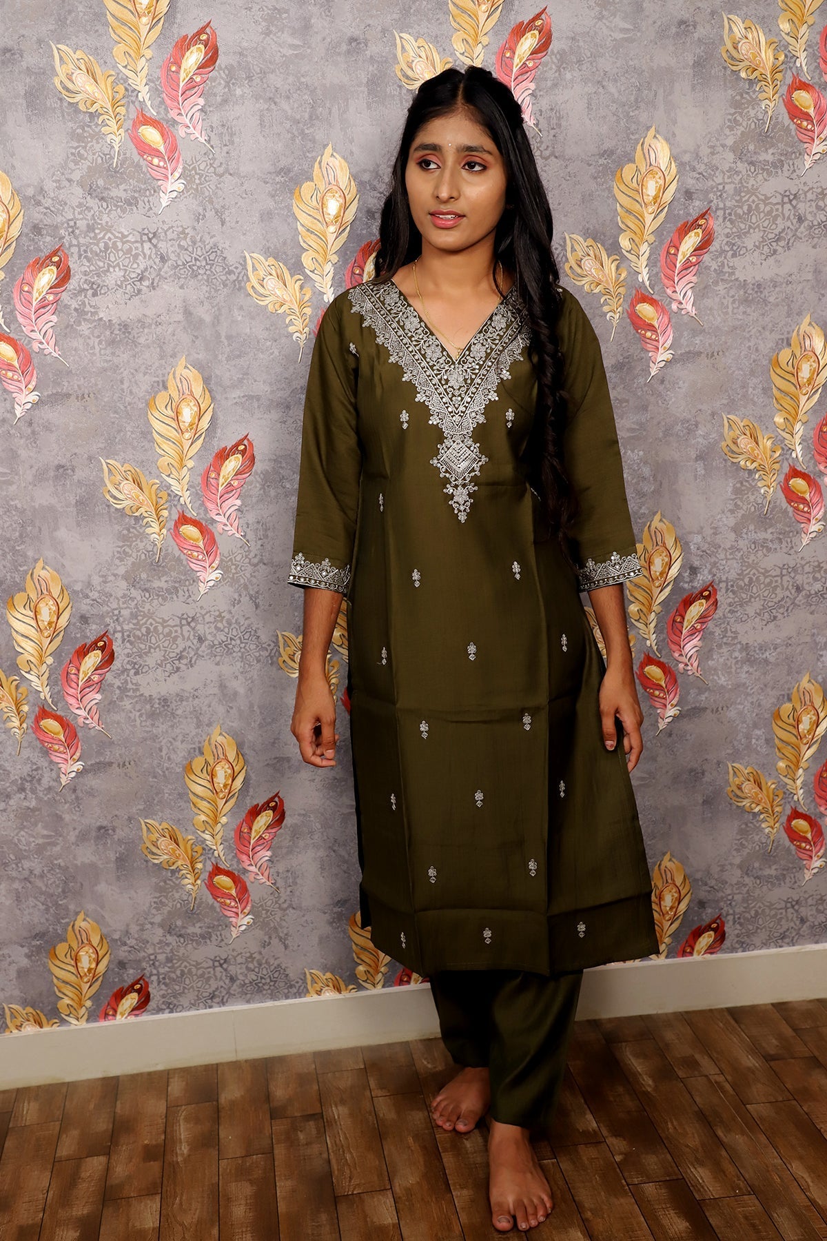 Green Kurti With Floral Design For Women & Girls