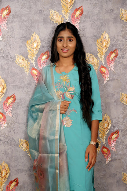 Light Blue Kurti With Embroidery Floral Design For Women & Girls