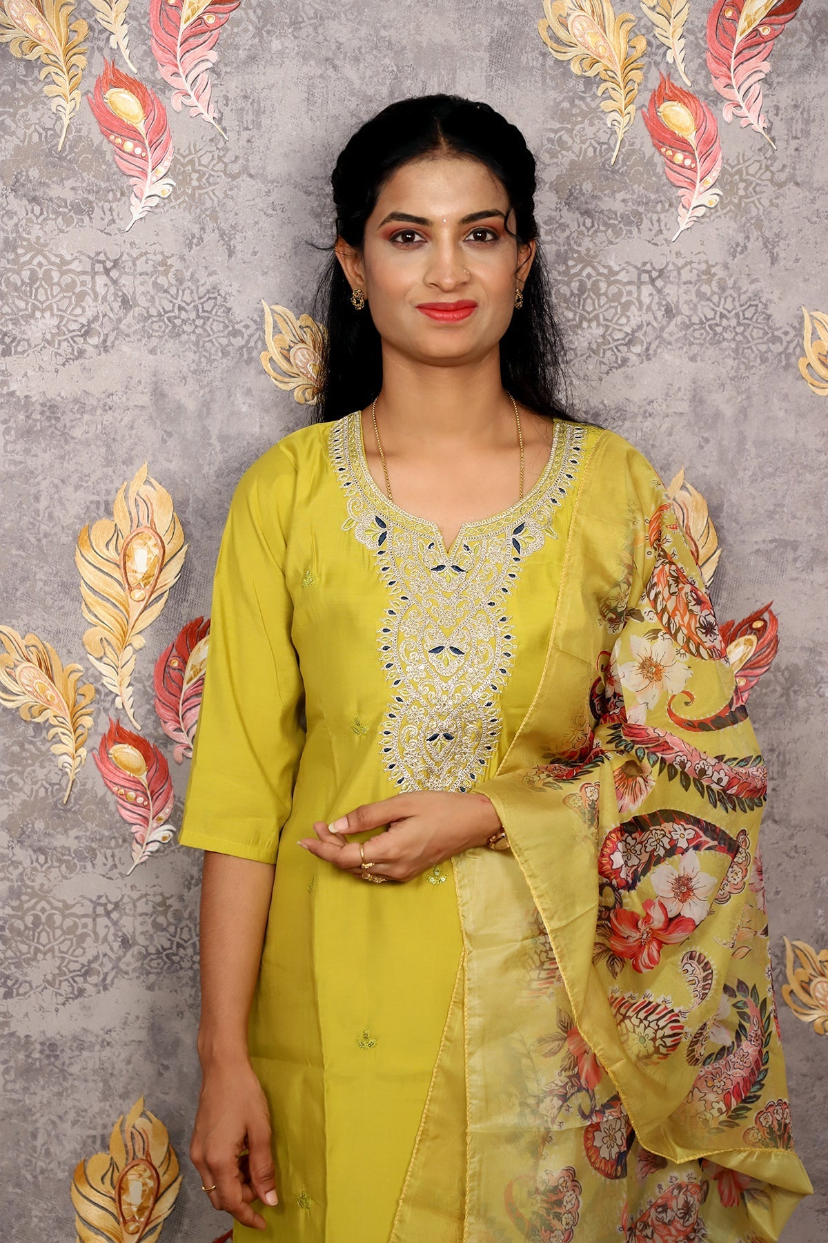 Yellow Kurti With Floral Dupatta For Women & Girls