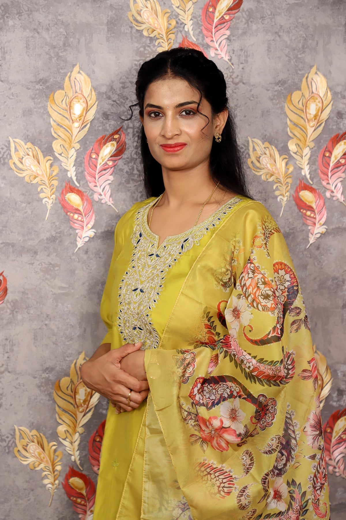 Yellow Kurti With Floral Dupatta For Women & Girls