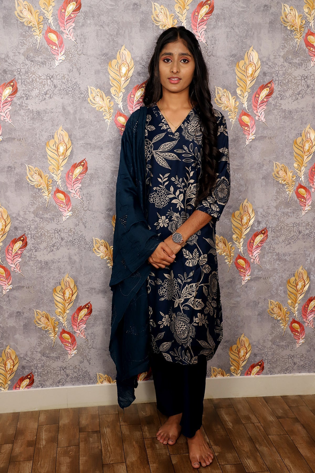 Dark Blue Kurti With Digital Floral Print For Women & Girls