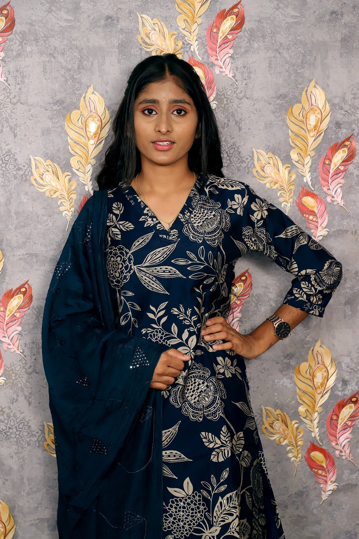 Dark Blue Kurti With Digital Floral Print For Women & Girls