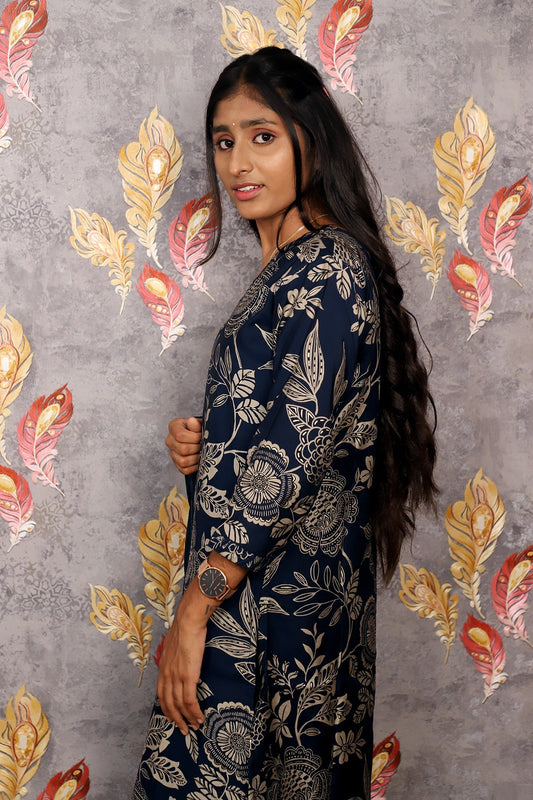 Dark Blue Kurti With Digital Floral Print For Women & Girls