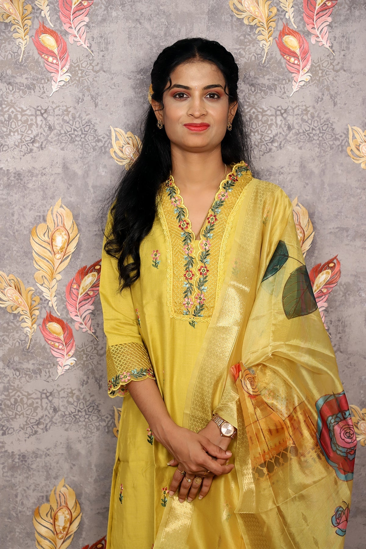 Yellow Kurti With Digital Floral Printed Dupatta For Women & Girls