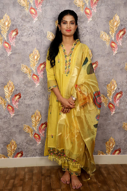Yellow Kurti With Digital Floral Printed Dupatta For Women & Girls