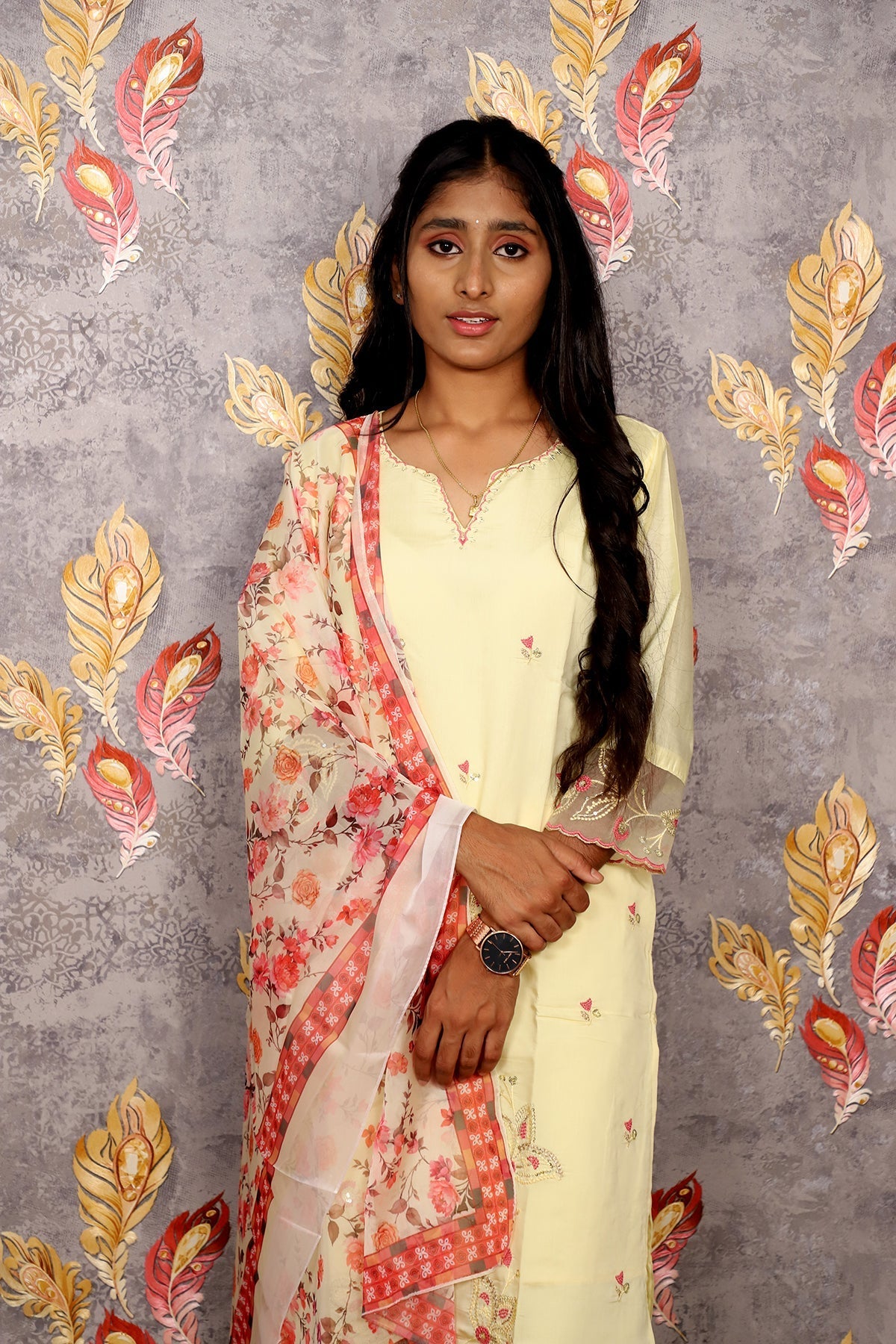 Light Yellow Kurti With Floral Dupatta For Women & Girls