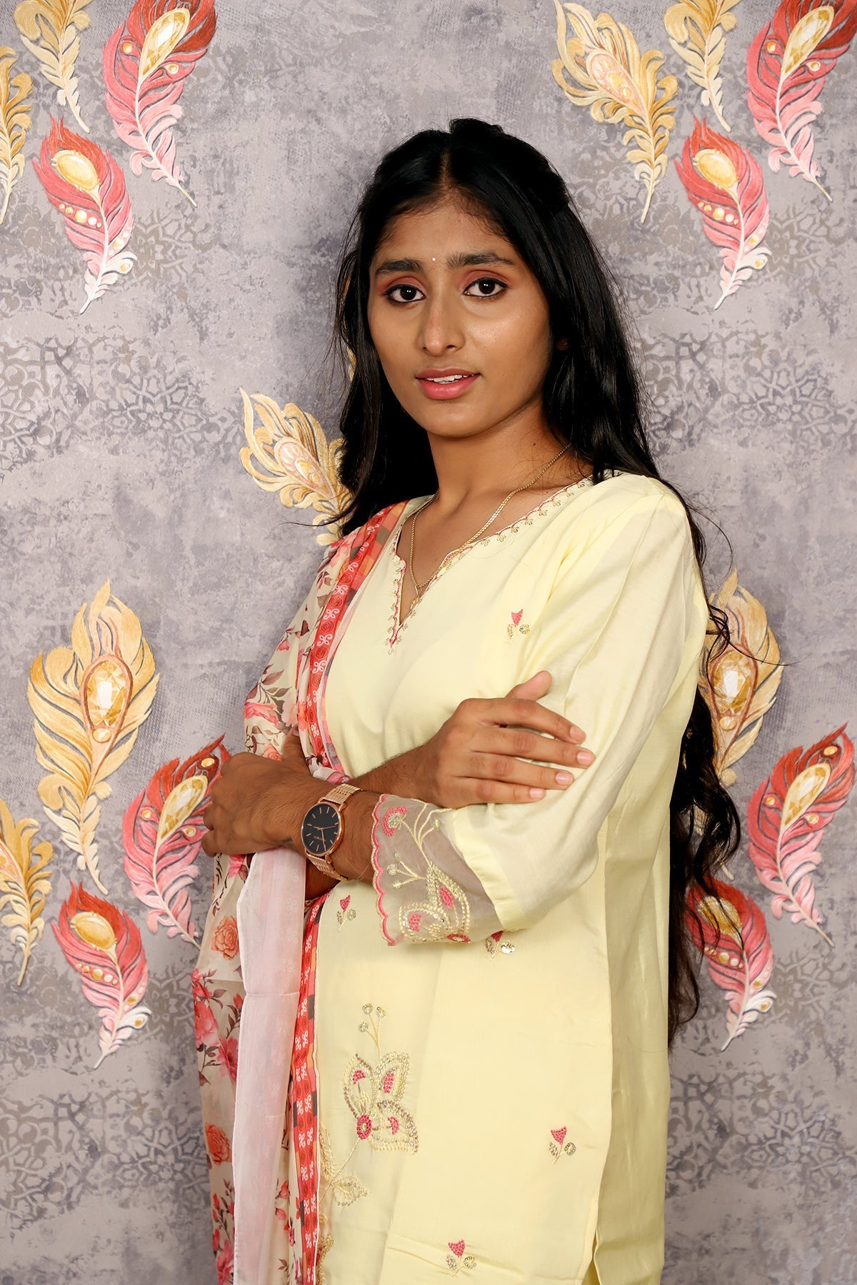 Light Yellow Kurti With Floral Dupatta For Women & Girls
