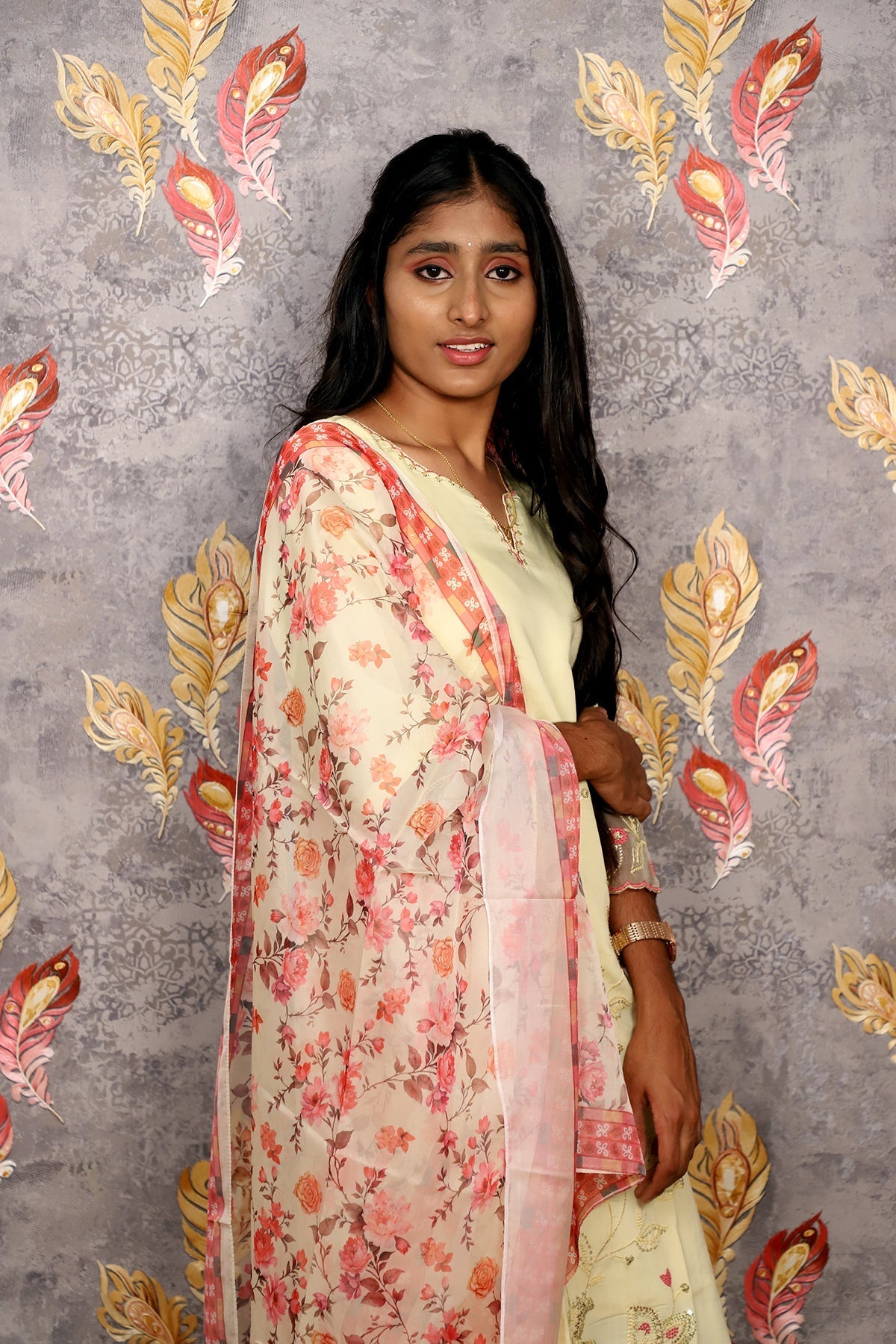 Light Yellow Kurti With Floral Dupatta For Women & Girls