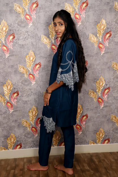 Elegant Teal Kurti With White Embroidered Accents For Women & Girls