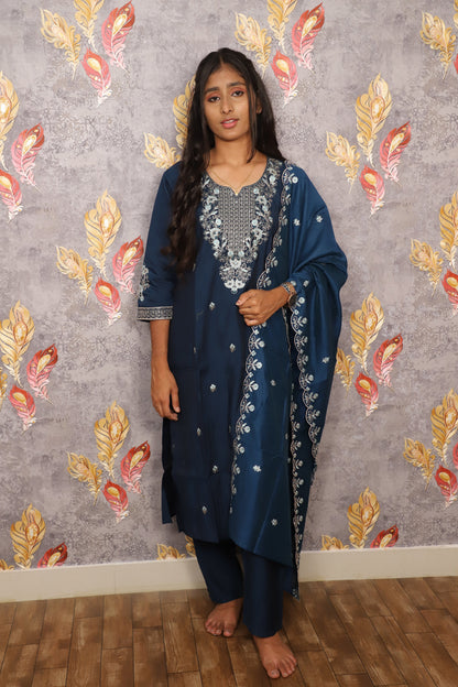Blue Vichitra Kurti Silk Embroidered 3-Piece Set With A Pure Silk Dupatta For Women & Girls
