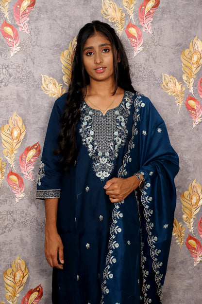 Blue Vichitra Kurti Silk Embroidered 3-Piece Set With A Pure Silk Dupatta For Women & Girls