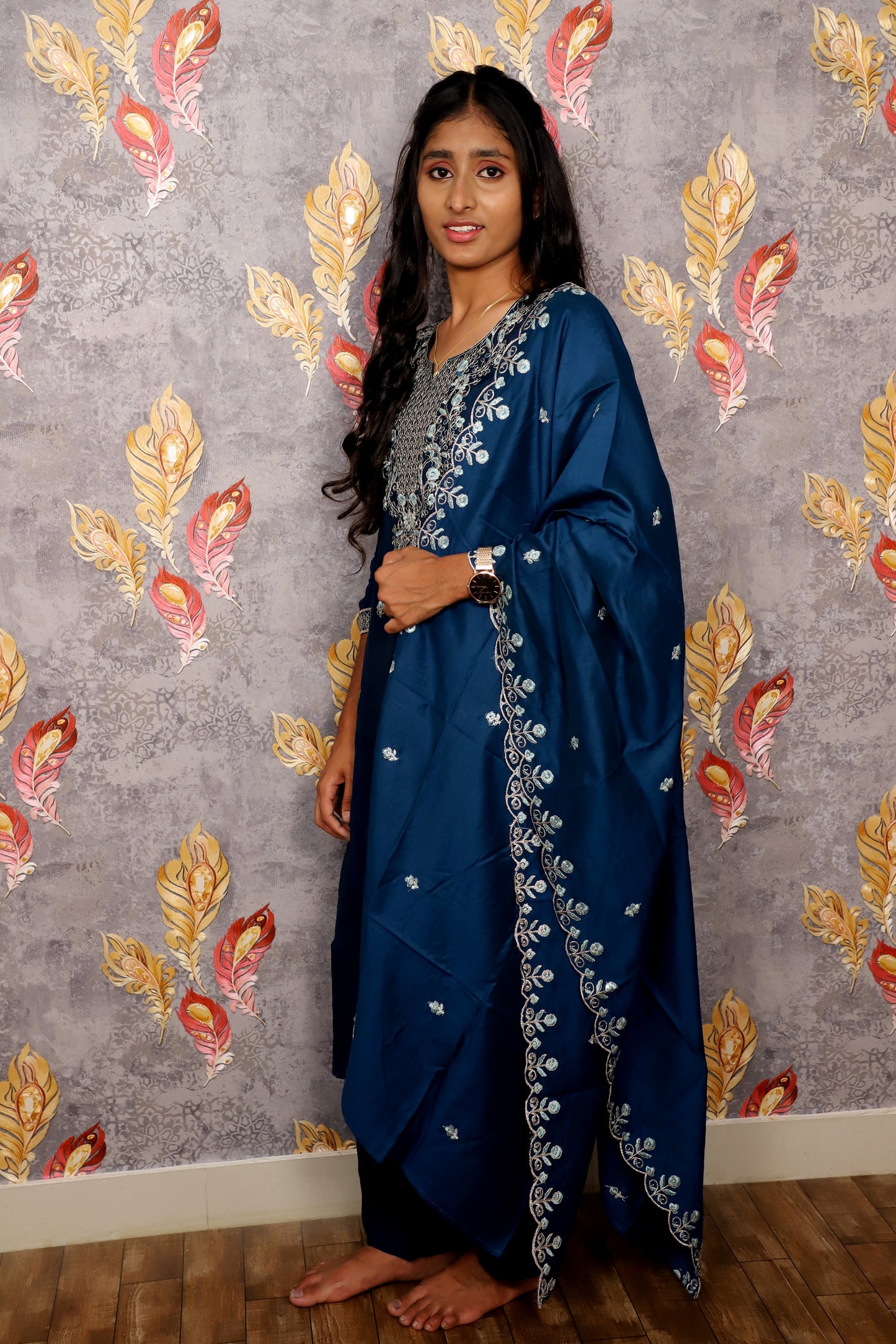 Blue Vichitra Kurti Silk Embroidered 3-Piece Set With A Pure Silk Dupatta For Women & Girls