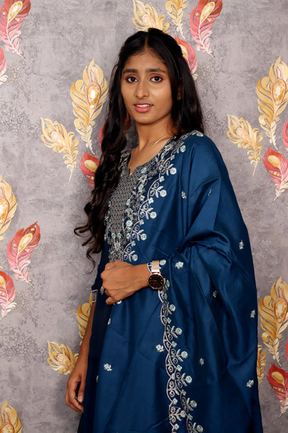 Blue Vichitra Kurti Silk Embroidered 3-Piece Set With A Pure Silk Dupatta For Women & Girls