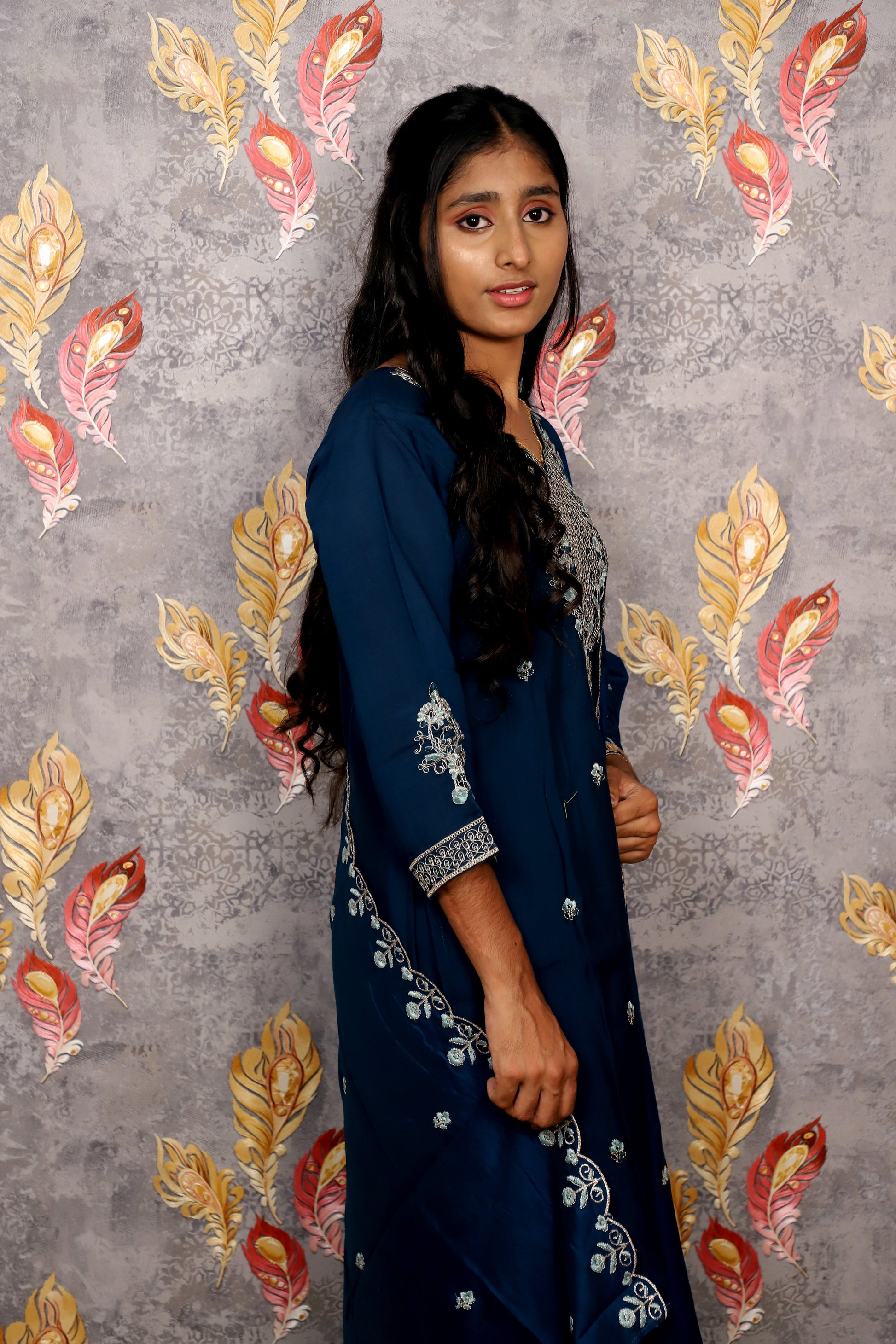 Blue Vichitra Kurti Silk Embroidered 3-Piece Set With A Pure Silk Dupatta For Women & Girls
