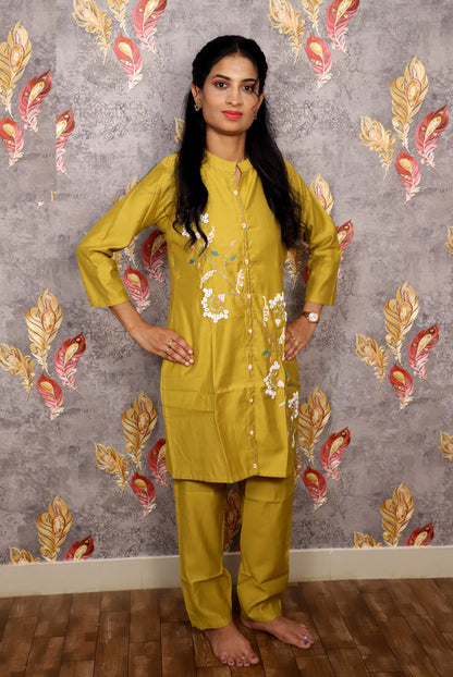 Mustard Yellow Kurti With White Floral Embroidery For Women & Girls