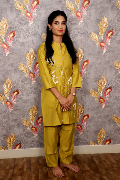 Mustard Yellow Kurti With White Floral Embroidery For Women & Girls