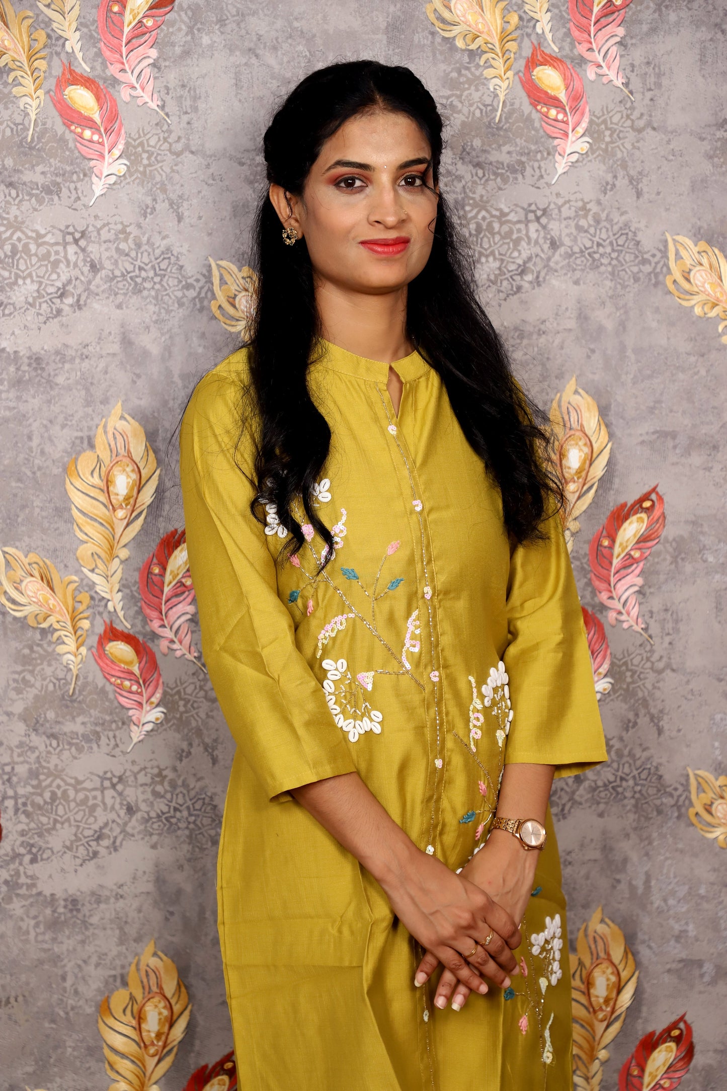 Mustard Yellow Kurti With White Floral Embroidery For Women & Girls