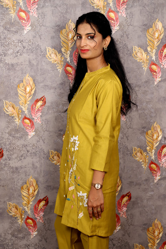 Mustard Yellow Kurti With White Floral Embroidery For Women & Girls