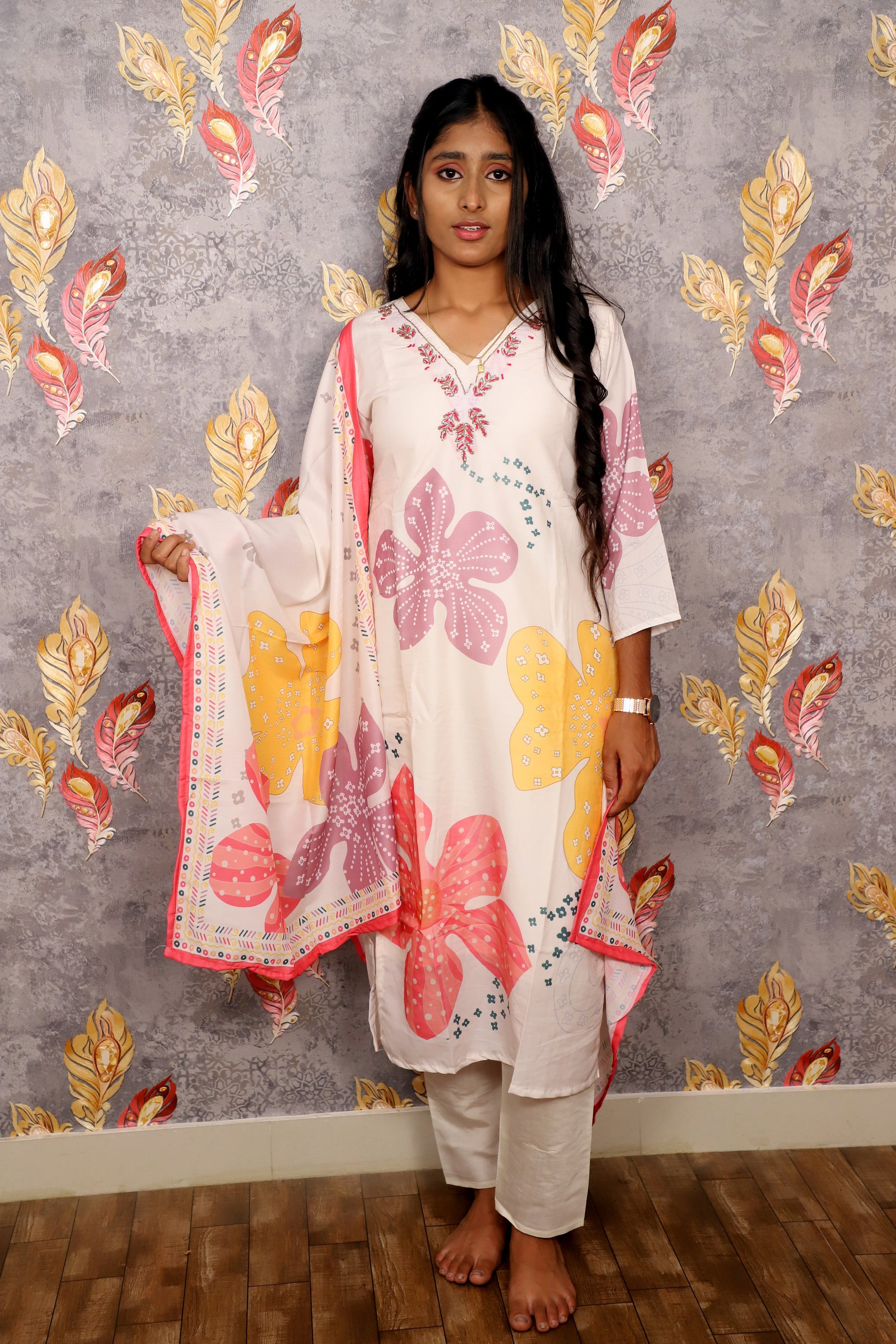 White Floral Print Salwar Kameez For Women & Girls
