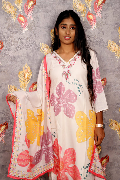 White Floral Print Salwar Kameez For Women & Girls