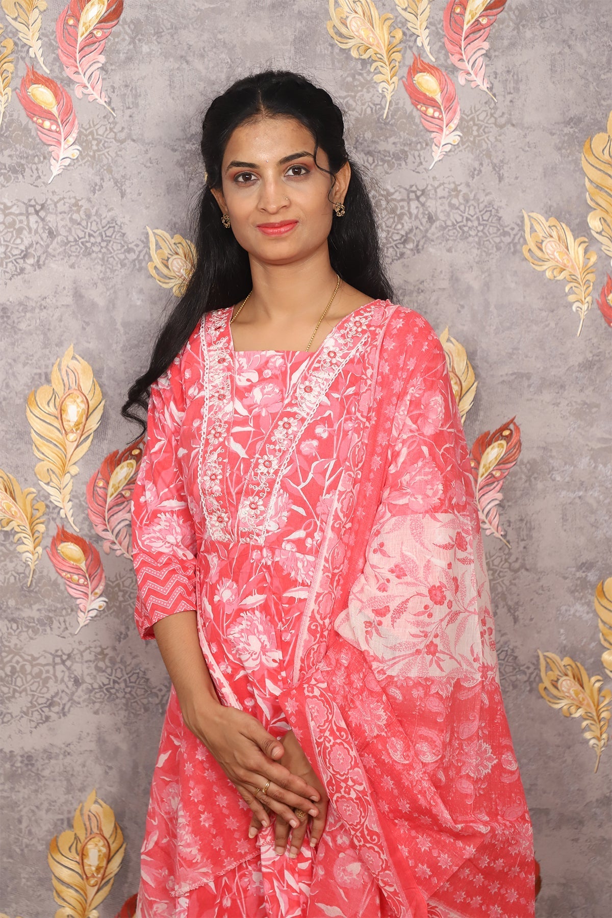 Pink Floral Print Anarkali Kurti Set With Dupatta For Women & Girls