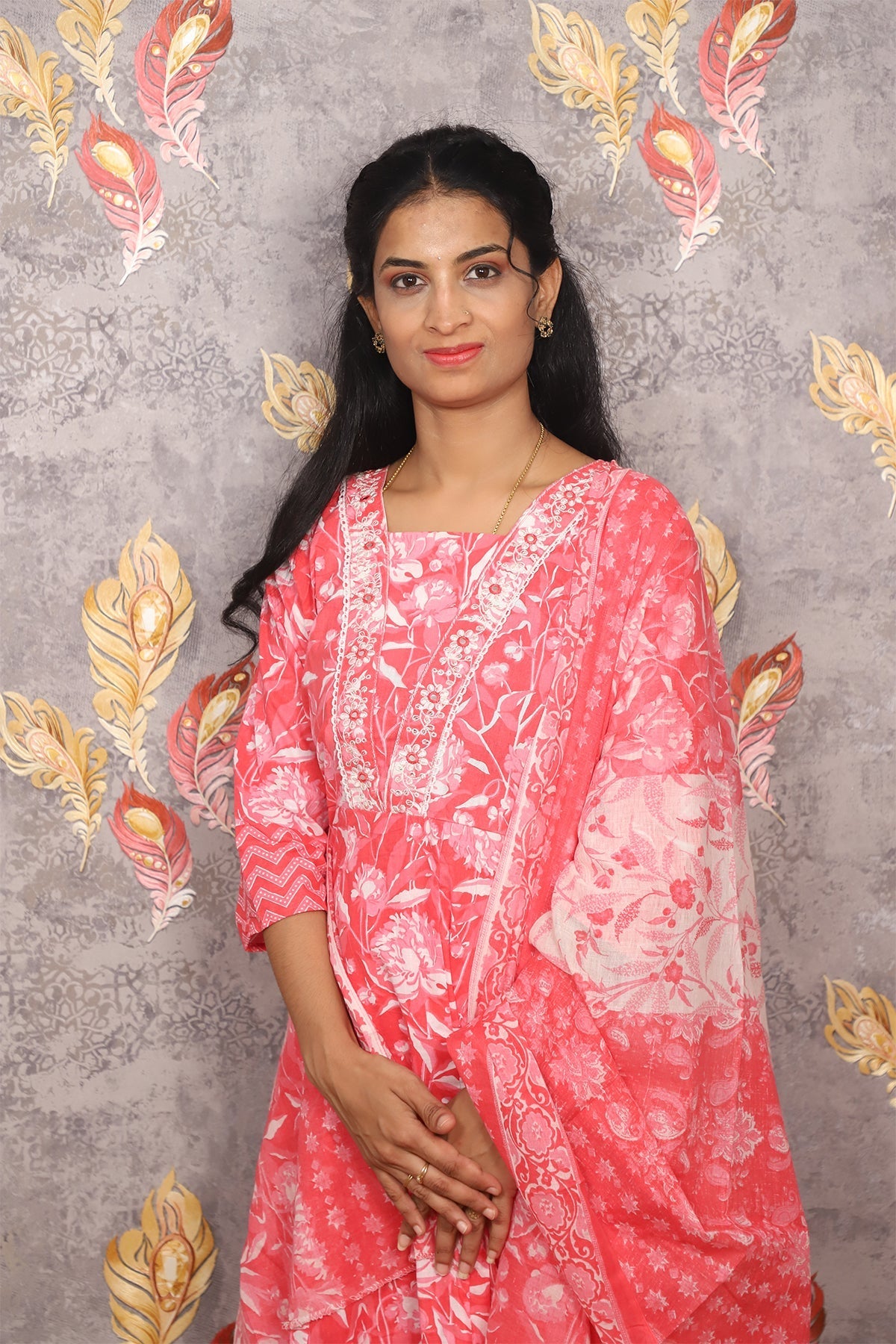 Pink Floral Print Anarkali Kurti Set With Dupatta For Women & Girls