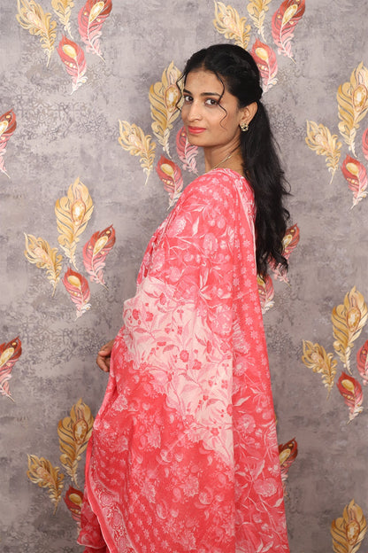 Pink Floral Print Anarkali Kurti Set With Dupatta For Women & Girls