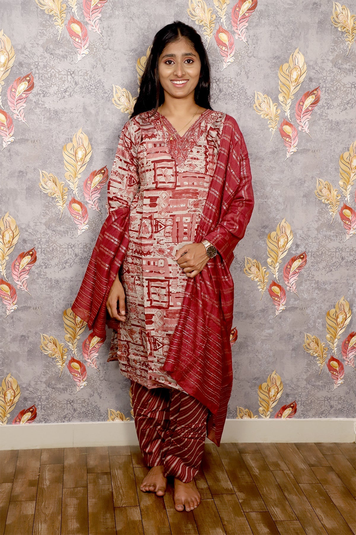 Red Printed Kurti Set With Dupatta For Women & Girls