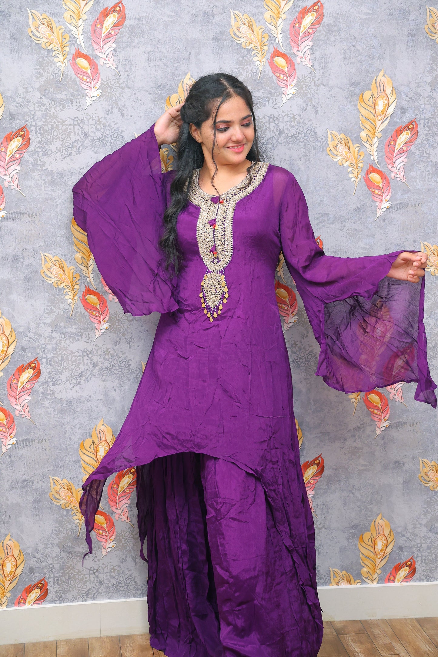 Purple Kurti And Palazzo Set With Zardozi Embroidery For Women & Girls