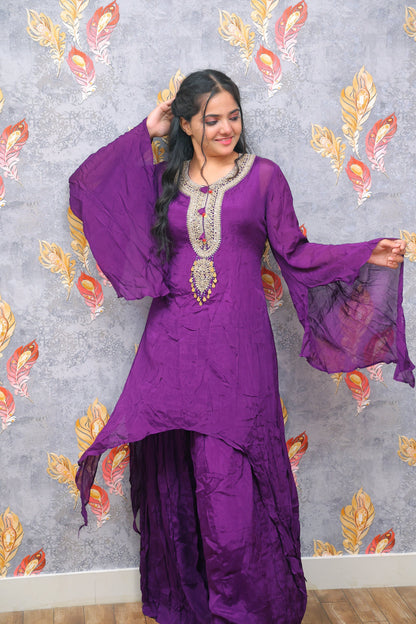 Purple Kurti And Palazzo Set With Zardozi Embroidery For Women & Girls