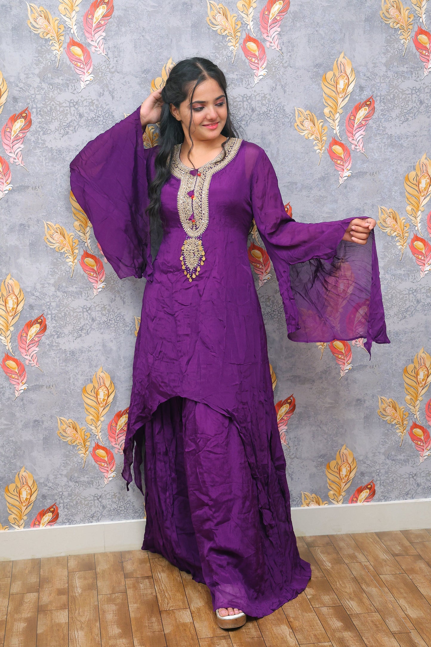 Purple Kurti And Palazzo Set With Zardozi Embroidery For Women & Girls
