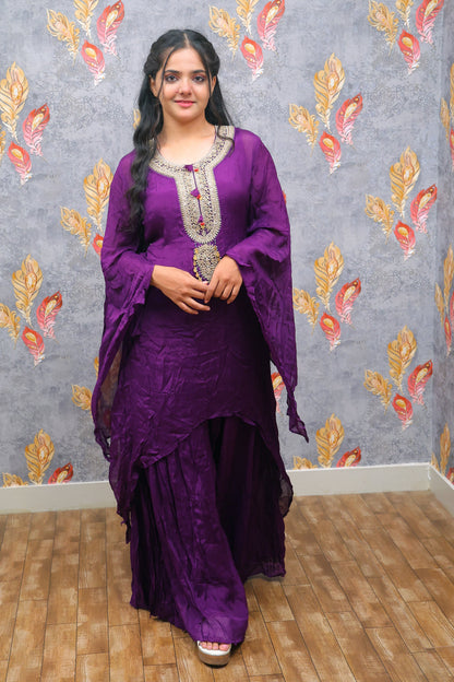 Purple Kurti And Palazzo Set With Zardozi Embroidery For Women & Girls