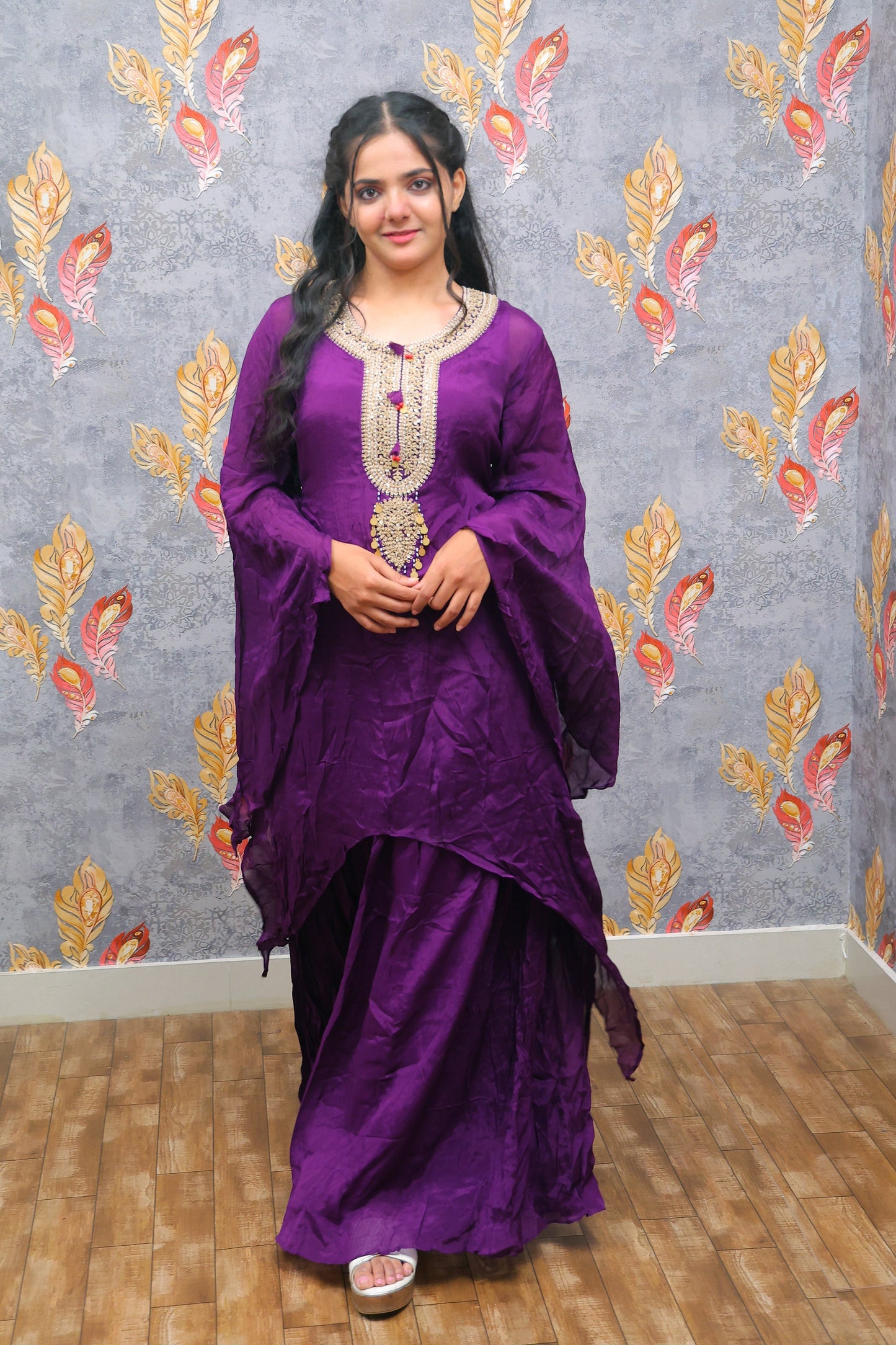 Purple Kurti And Palazzo Set With Zardozi Embroidery For Women & Girls