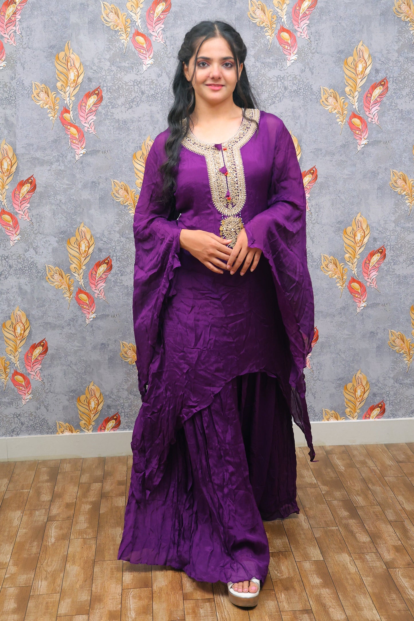 Purple Kurti And Palazzo Set With Zardozi Embroidery For Women & Girls