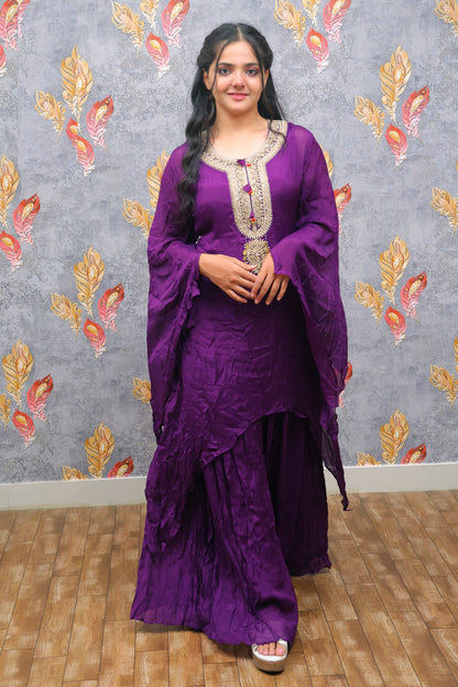 Purple Kurti And Palazzo Set With Zardozi Embroidery For Women & Girls