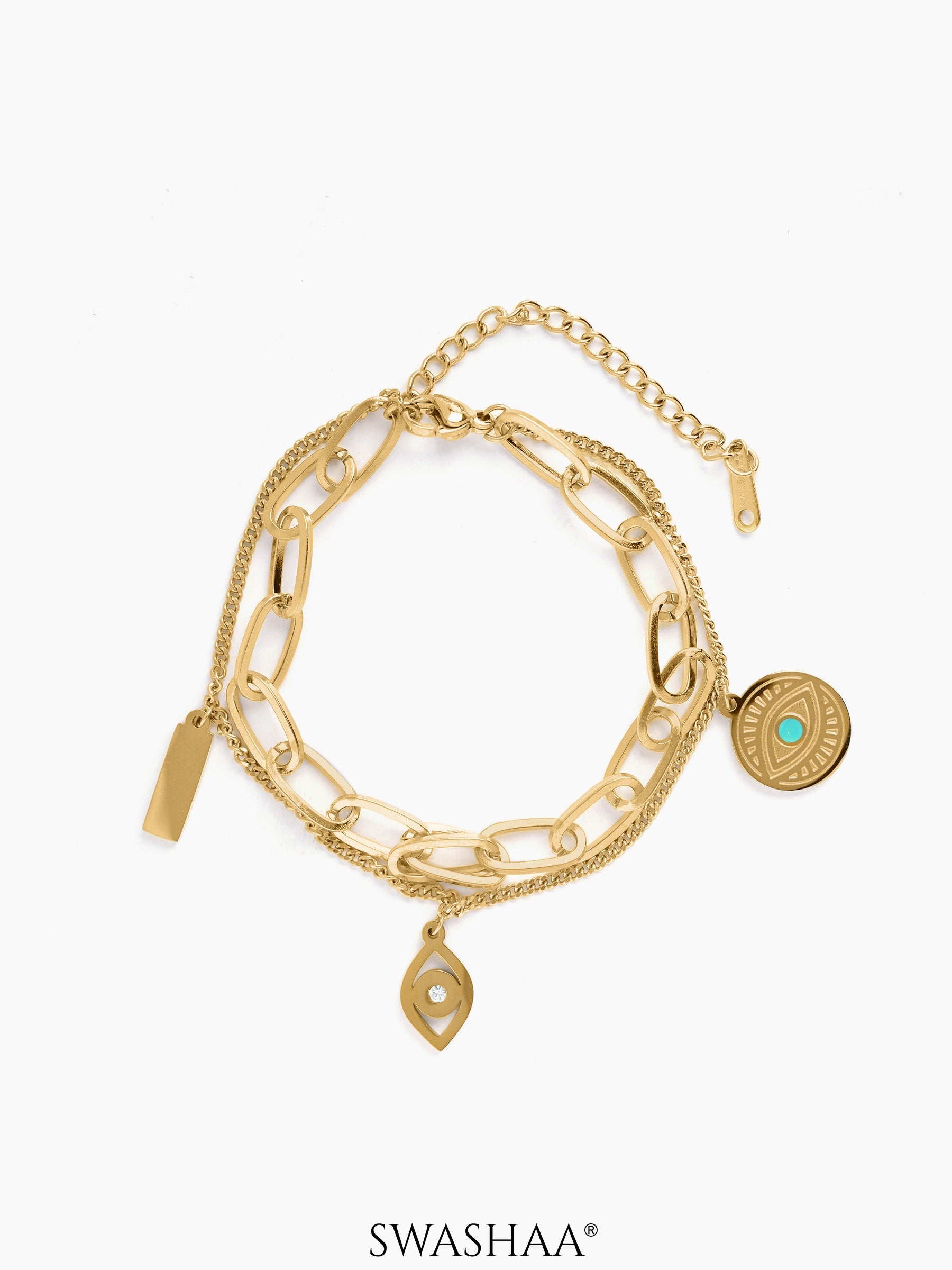 Larla Turquoise Evil Eye Charms Link Curb 18K Gold Plated Loose Chain Bracelet