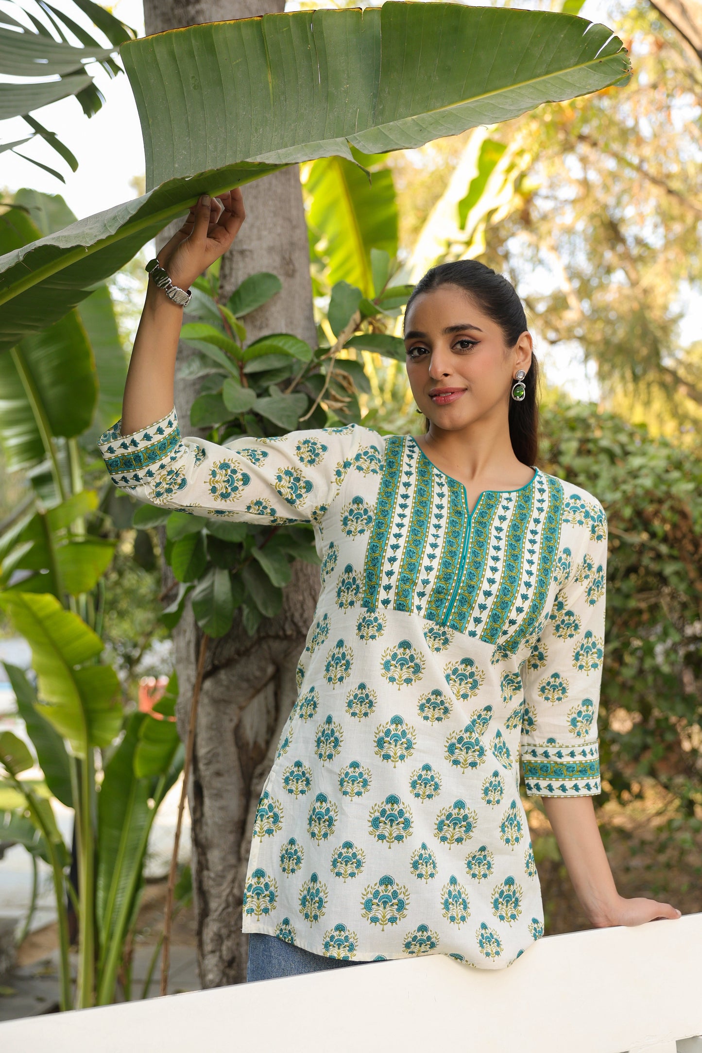 Lightweight cotton kurti with floral print and notch neck