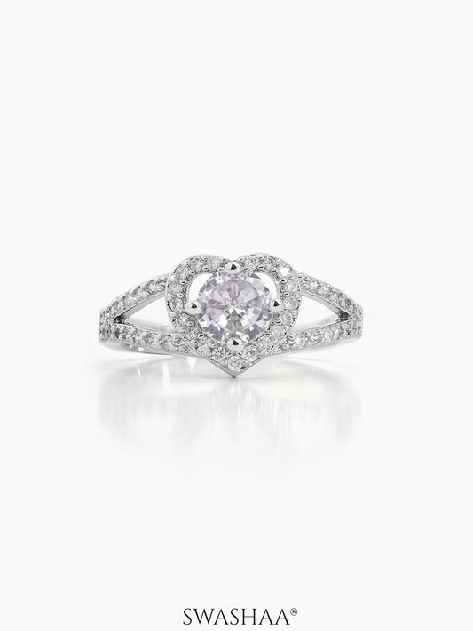 Loven Round Heart-Shaped Silver Diamond Solitaire Women's Ring