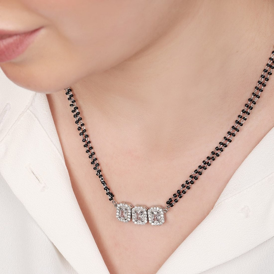 Radiant Rhodium 925 Sterling Silver Triple Rectangle Mangalsutra