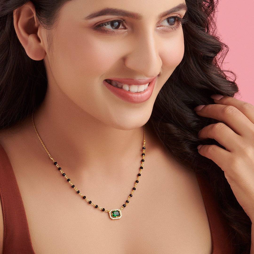 Divine Charm 925 Sterling Silver Mangalsutra with Green CZ and Beads in Gold Plating