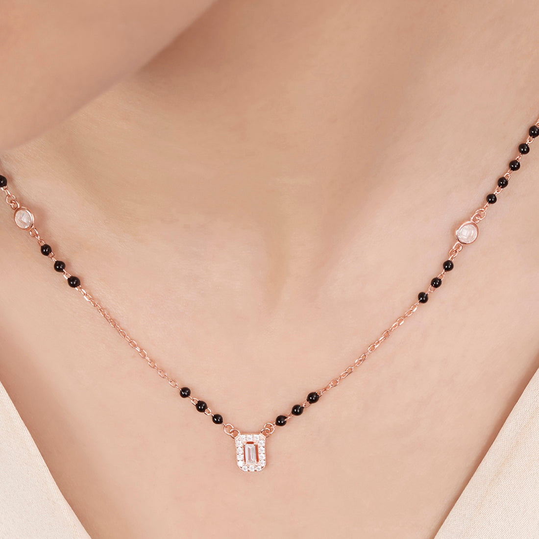 Solitaire Halo Rose Gold Plated 925 Sterling Silver Mangalsutra