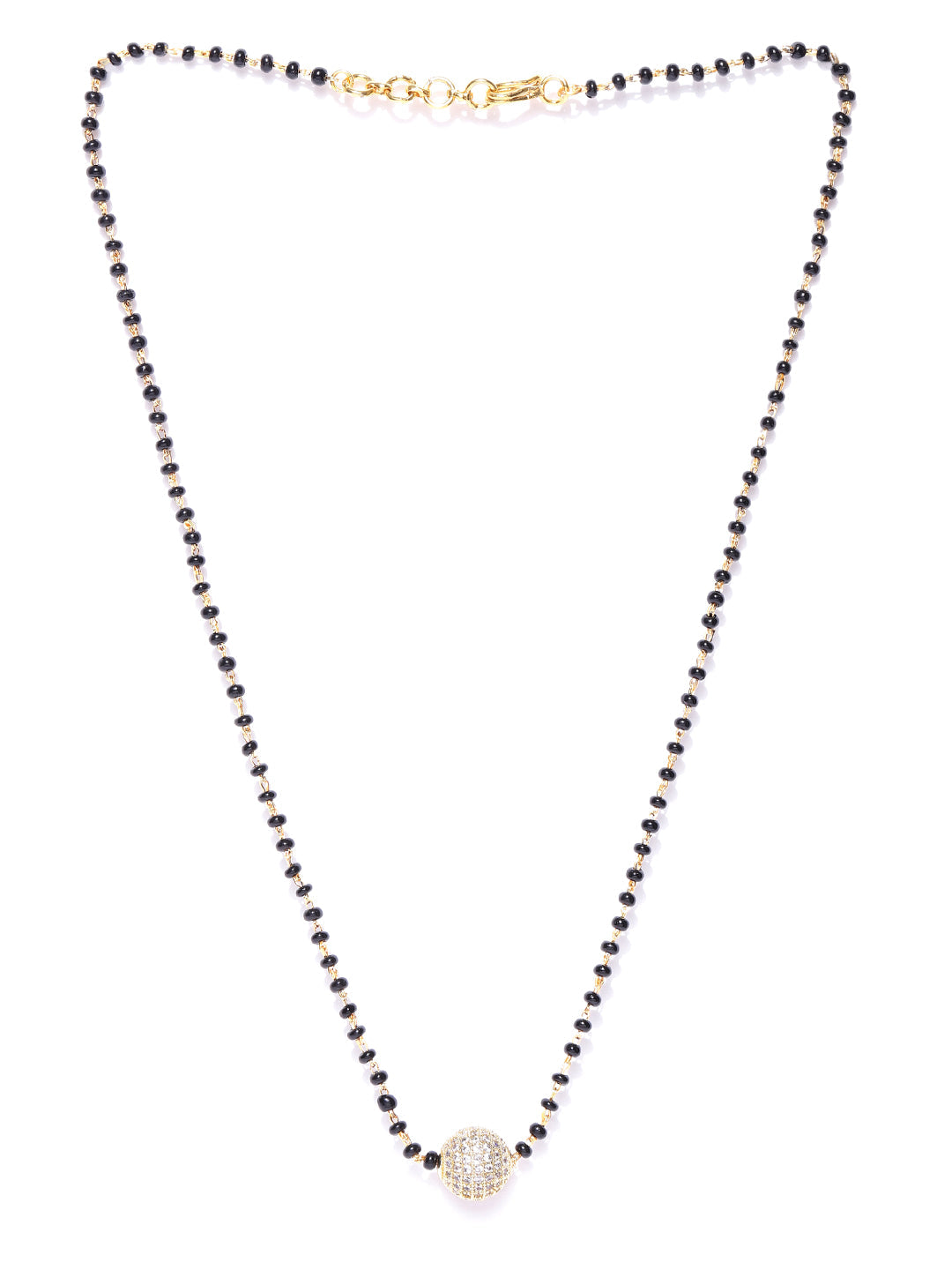 Gold-Plated AD Studded Spherical Pendant Black Beaded Chain Mangalsutra