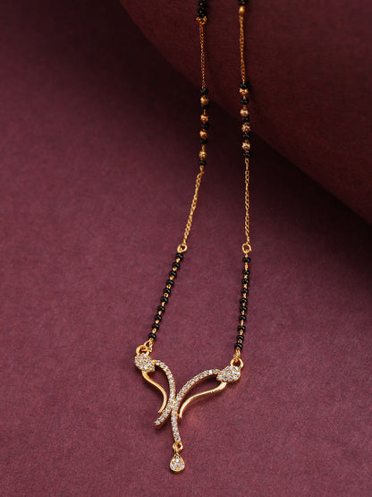 Gold-Plated AD, American Diamond Studded Black Beaded Chain Mangalsutra