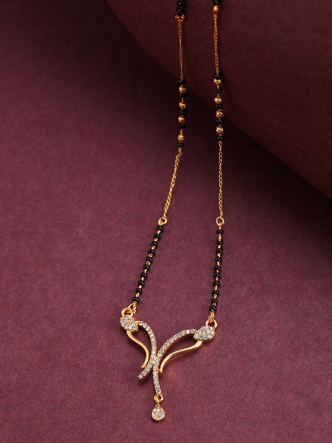 Gold-Plated AD, American Diamond Studded Black Beaded Chain Mangalsutra