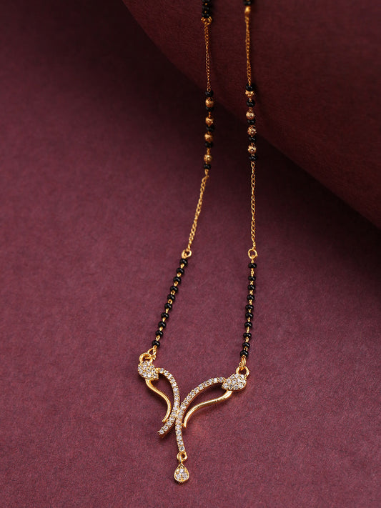 Gold-Plated AD, American Diamond Studded Black Beaded Chain Mangalsutra